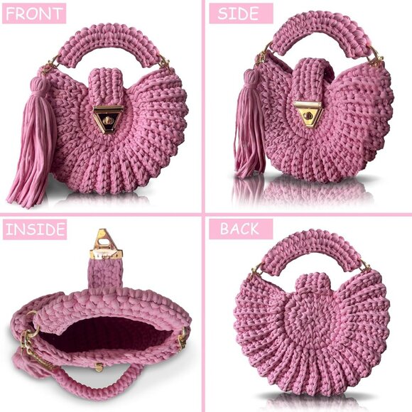 Women's Evening Clutch Handmade Crochet Small Formal Flap Pink Crossbody Bag - Picture 5 of 6